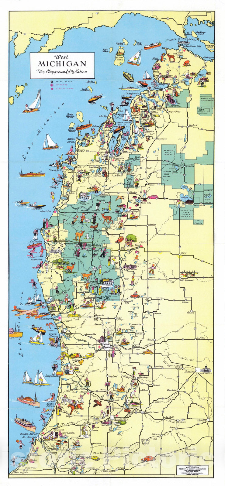 Historic Map - West Michigan, The Playground of the Nation. 1935 - Vintage Wall Art