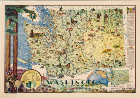 Historic Map - Pictorial Map of Washington,"The Evergreen State", 1948, - Vintage Wall Art