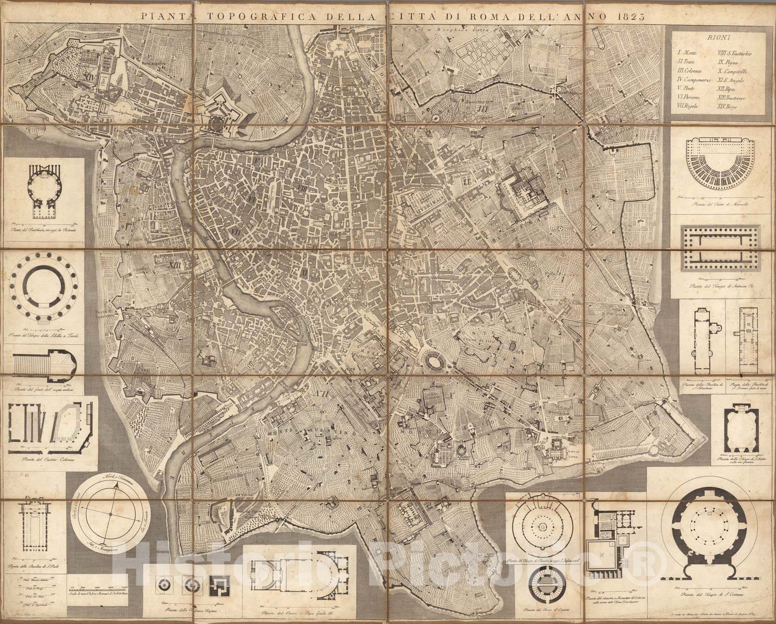 Historic Wall Map : Rome (Italy), Case Map, Pianta Topografica della Citta de Roma dell Anno 1823. 1823 , Vintage Wall Art