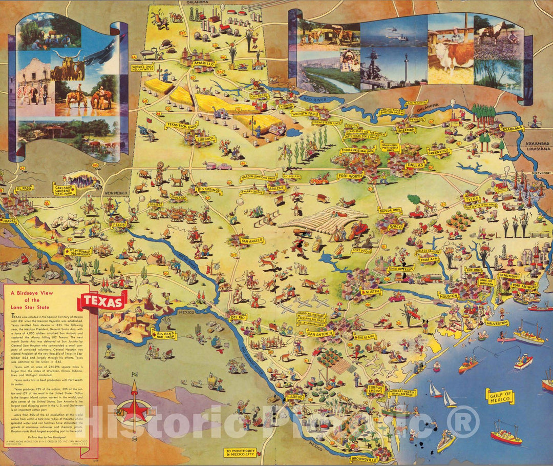 Historic Map : A Pic-Tour Map of Texas. Where to go ? What to do ? How to see ??? Texas, 1952 - Vintage Wall Art