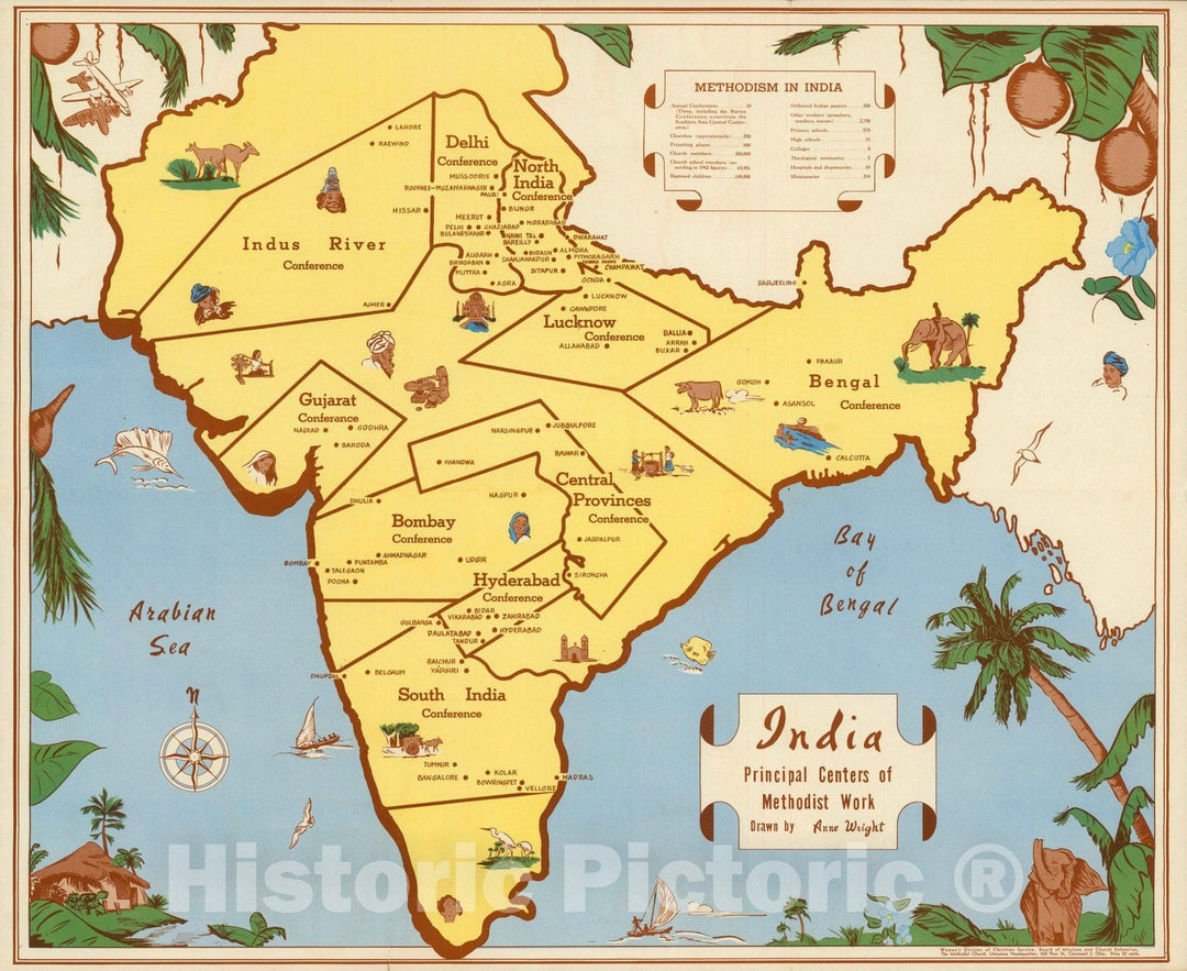 Historic Map : India, Principal Centers of Methodist Work. Drawn by Anne Wright. 1950 - Vintage Wall Art