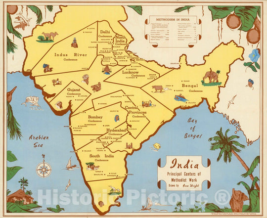 Historic Map : India, Principal Centers of Methodist Work. Drawn by Anne Wright. 1950 - Vintage Wall Art