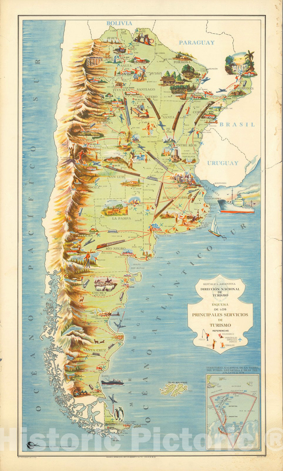 Historic Map : Argentina, Republica Argentina. Esquema de los Principales Servicios de Tourismo. 1966 , Vintage Wall Art