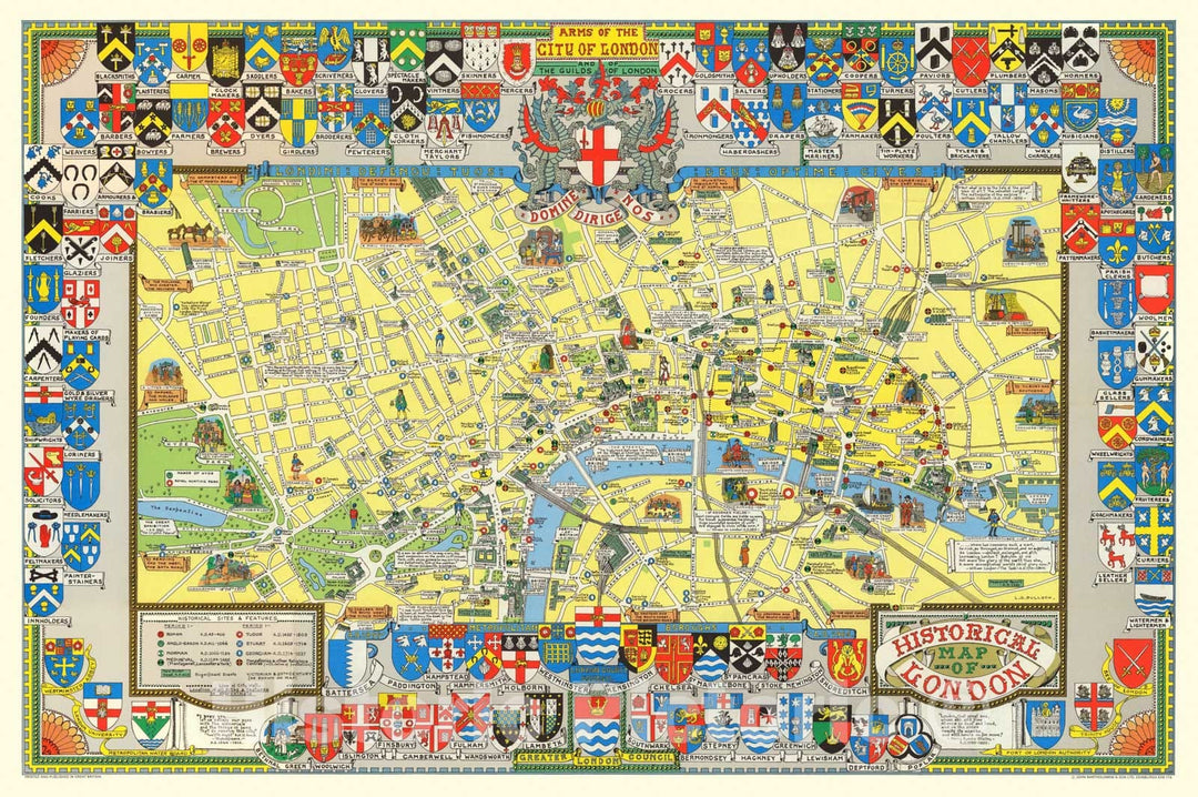 Historic Map : Historical Map of London. Arms of the City of London and the Guilds of London, 1965 - Vintage Wall Art