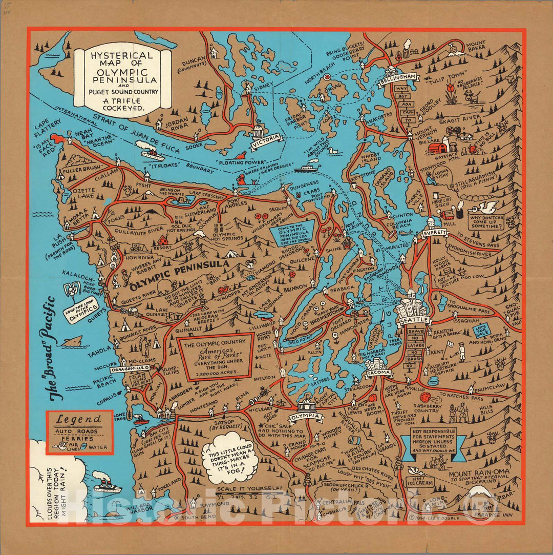 Historic Map - Hysterical Map of Olympic Peninsula and Puget Sound Country, a Trifle Cockeyed, 1934 - Vintage Wall Art