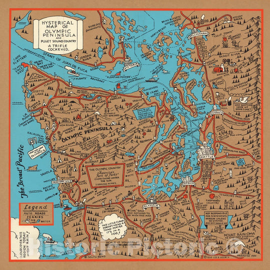 Historic Map - Hysterical Map of Olympic Peninsula and Puget Sound Country, a Trifle Cockeyed, 1934 - Vintage Wall Art