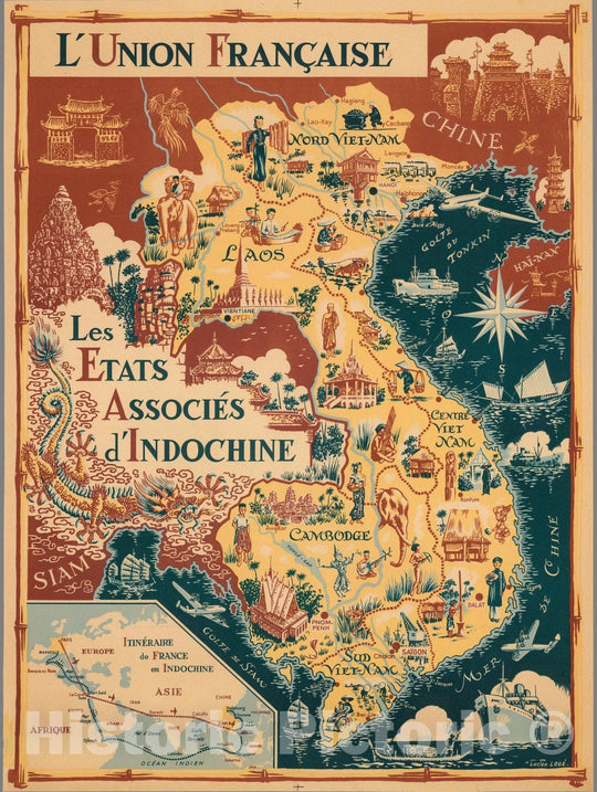 Historic Map : Vietnam, L'Union Francaise. Les Etats Associes d'Indochine. 1948 , Vintage Wall Art