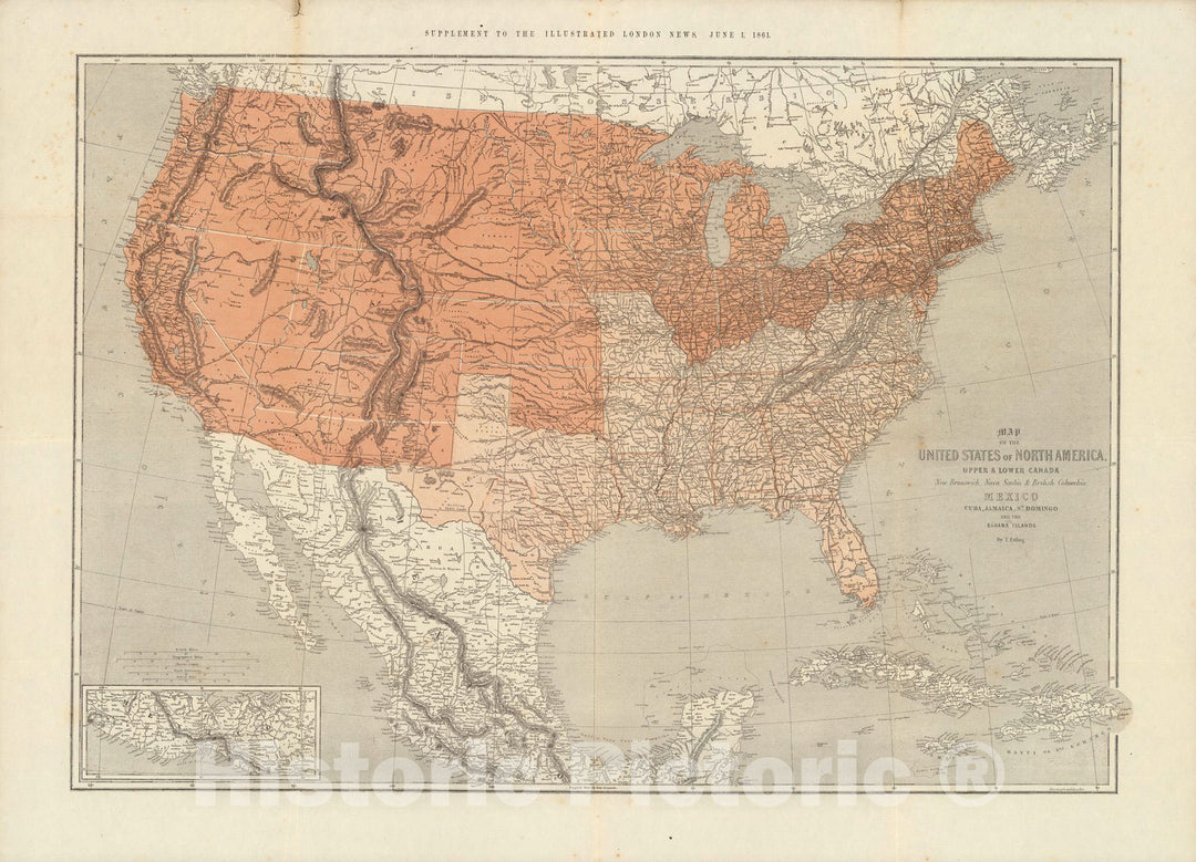 Historic Wall Map : Map of The United States of North America, 1861 - Vintage Wall Art