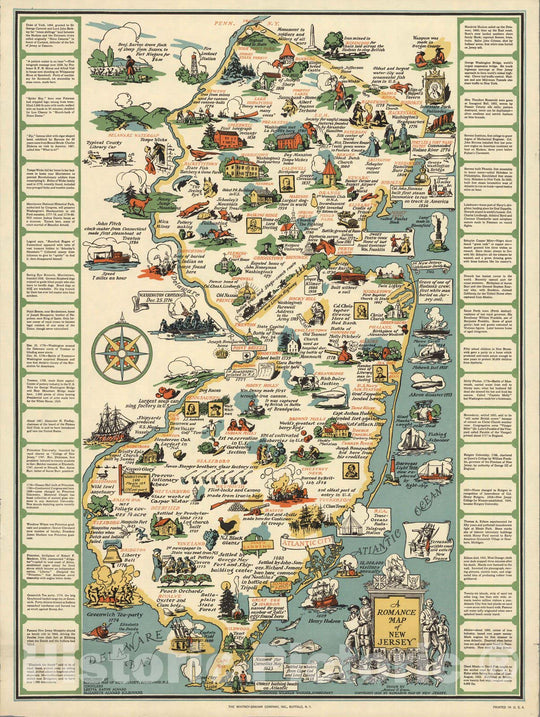 Historic Map - A romance map of New Jersey. Drawn by Mildred C. Green, 1935 - Vintage Wall Art