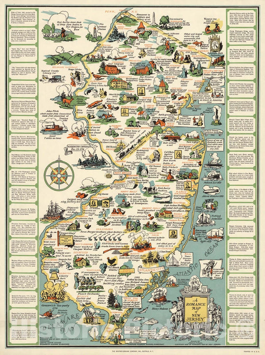 Historic Map - A romance map of New Jersey. Drawn by Mildred C. Green, 1935 - Vintage Wall Art