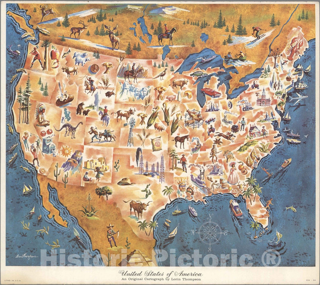 Historic Map : United States of America. An original cartograph by Lorin Thompson 1953 - Vintage Wall Art