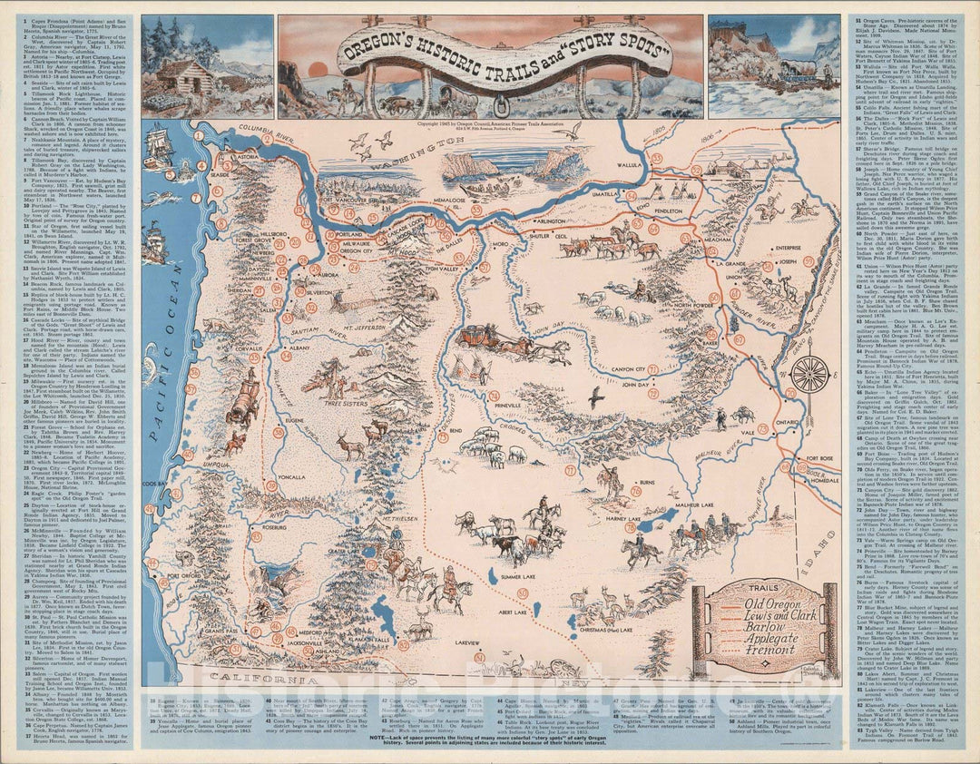 Historic Map : Oregon's historic trails and story spots. Colista Dowling 1948 - Vintage Wall Art