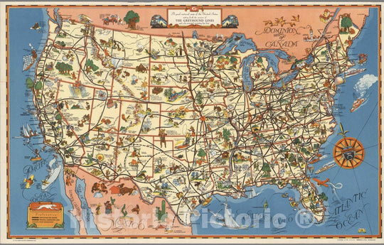 Historic Wall Map : A good-natured map of the United States setting forth the services of The Greyhound Lines, 1939 - Vintage Wall Art