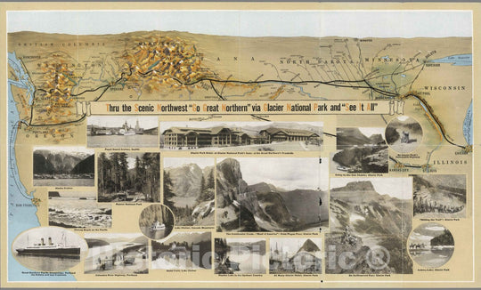 Historic Map : Thru the Scenic Northwest Go Great Northern via Glacier National Park and See It All. 1925 - Vintage Wall Art