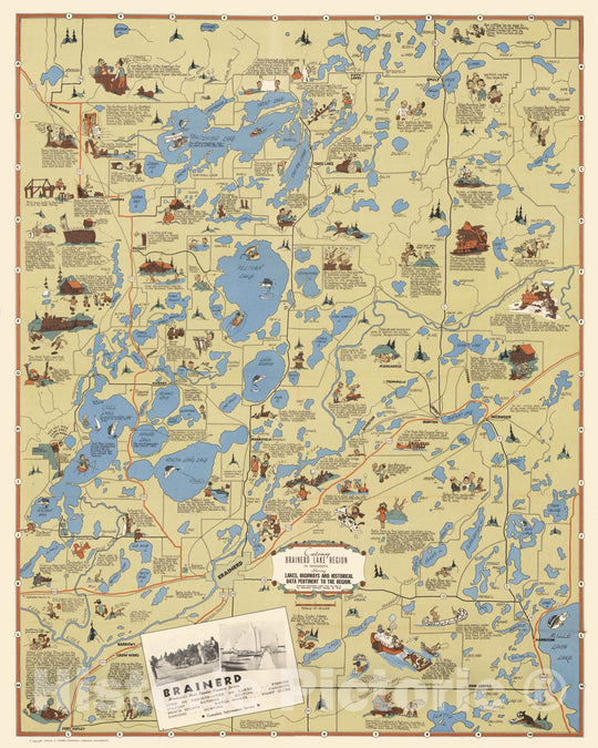 Historic Map - Cartomap, Brainerd Lake Region in Minnesota, 1940 - Vintage Wall Art