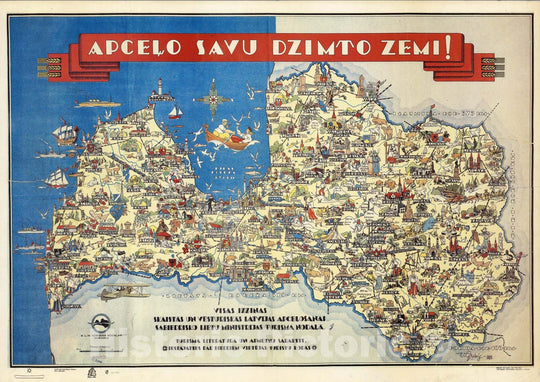 Historic Map : Latvia, Apcelo Savu Dzimto Zemi! (Travels around his native country!) (Latvia). 1938 , Vintage Wall Art