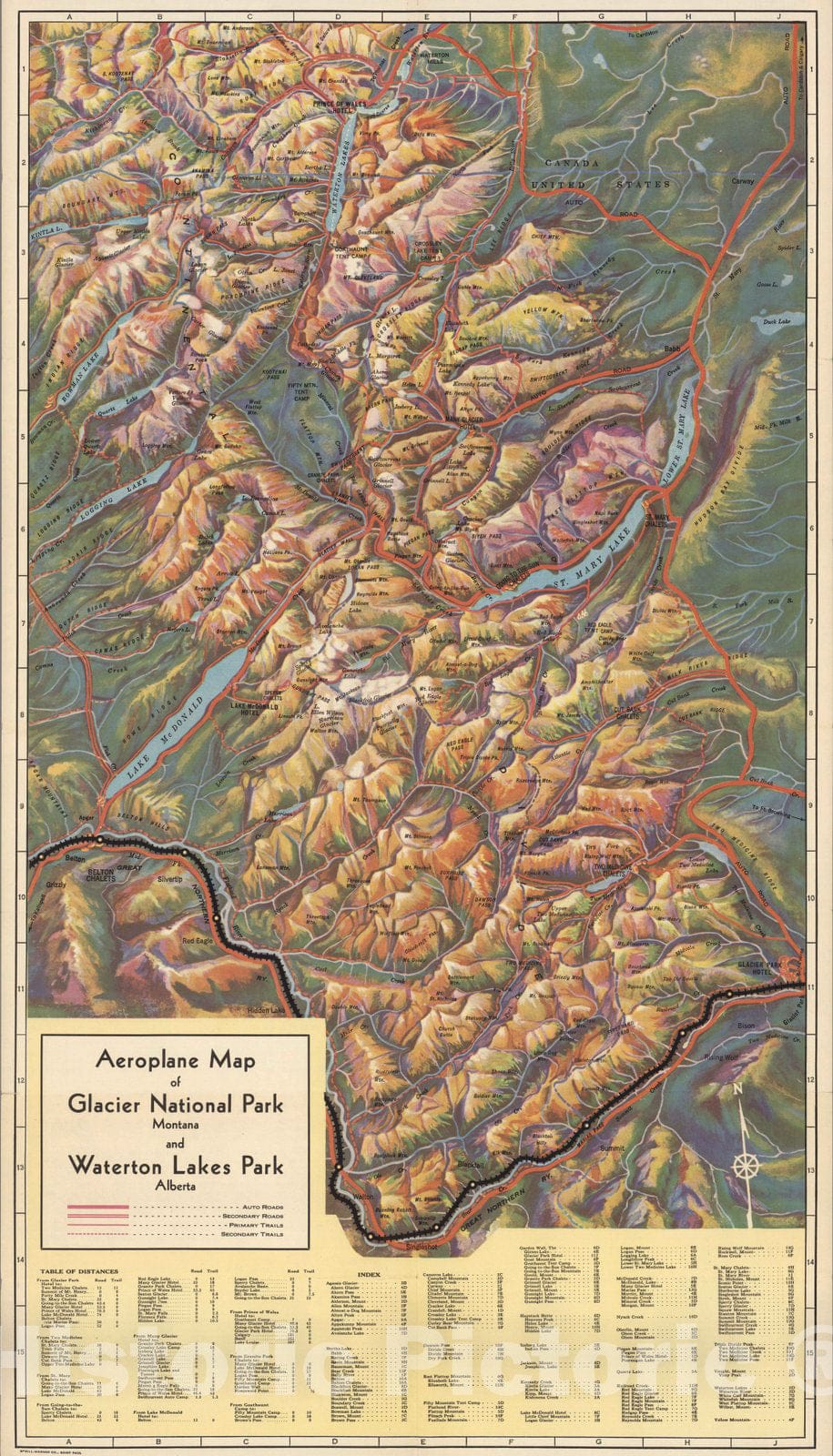 Historic Map - Great Northern Railway, Aeroplane Map, Glacier National Park, Waterton Lakes Park, 1925, - Vintage Wall Art