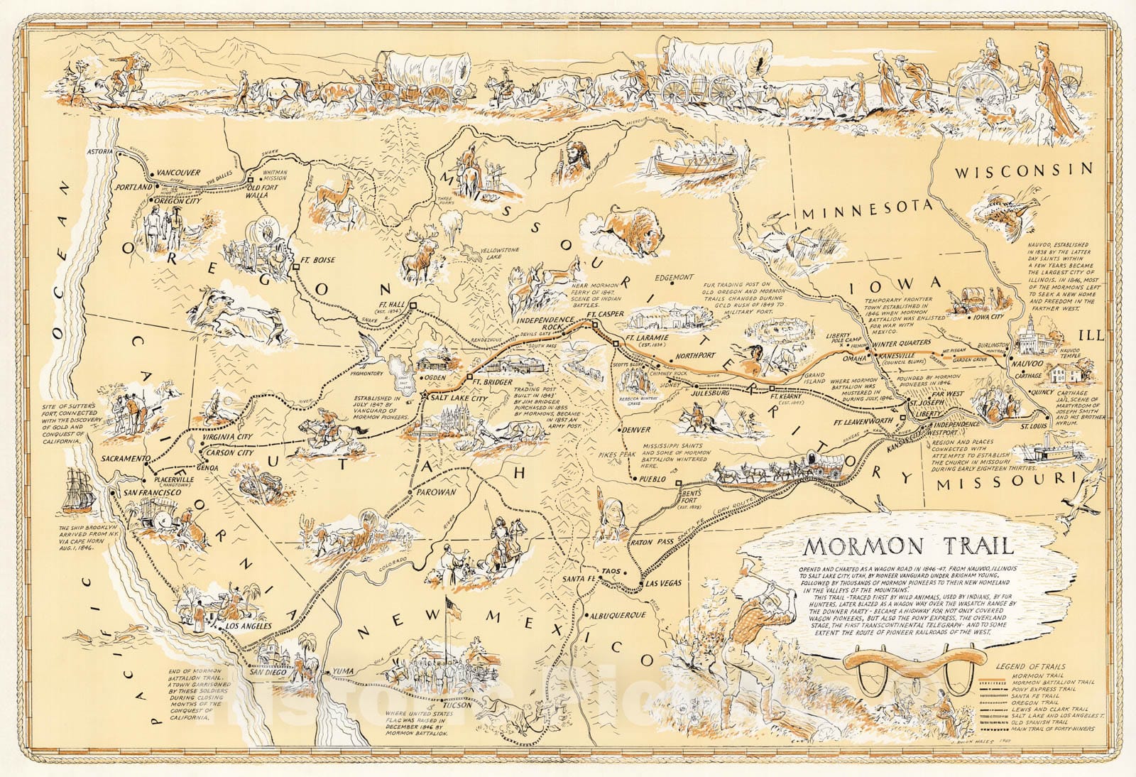 Historic Map - Mormon Trail. 1947 - Vintage Wall Art