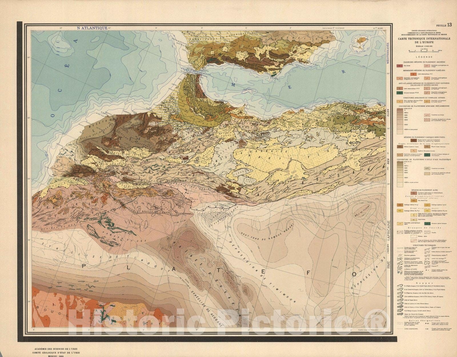 Historic Map : Feuille 13. Carte Tectonique Internationale de L'Europe. 1962 - Vintage Wall Art