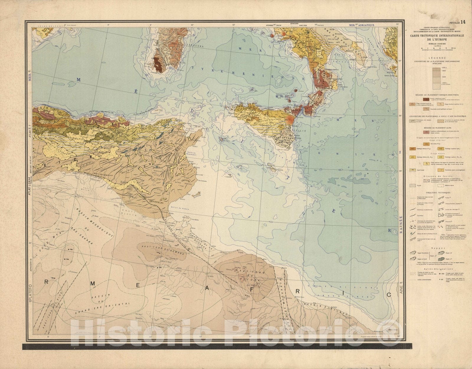 Historic Map : Feuille 14. Carte Tectonique Internationale de L'Europe. 1962 - Vintage Wall Art