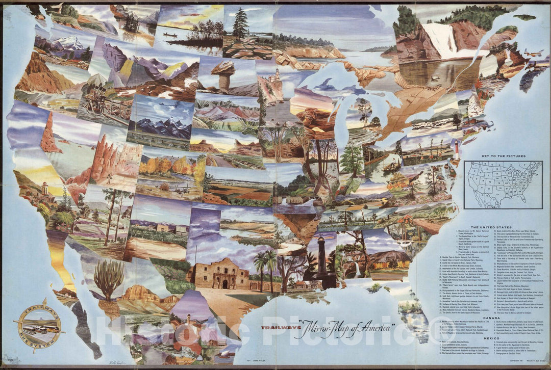 Historic Map : Trailways Mirror Map of America, 1961 - Vintage Wall Art