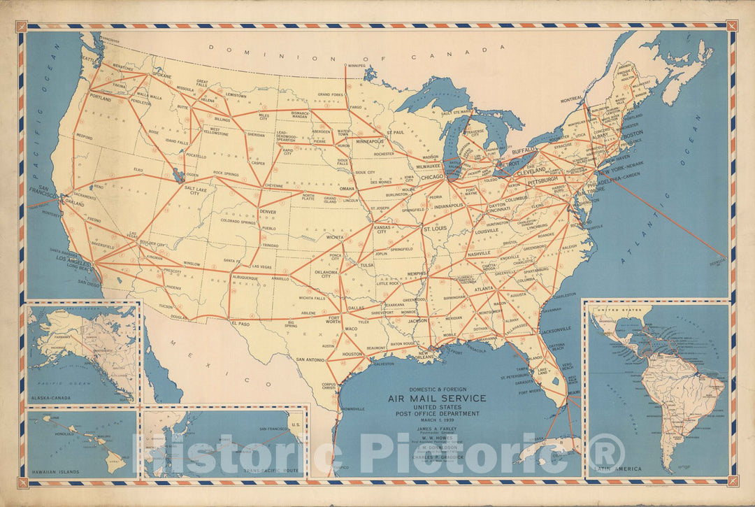 Historic Map - Domestic & Foreign Air Mail Service. United States Post office Department. 1939 - Vintage Wall Art