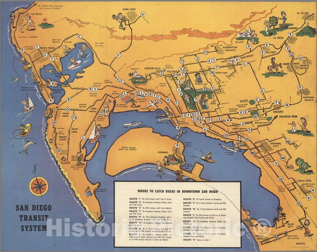 Historic Map : San Diego Transit System. 1960 - Vintage Wall Art