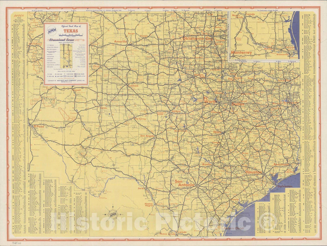 Historic Wall Map : Official Road Map of Texas. Streamlined Series, 1930 - Vintage Wall Art