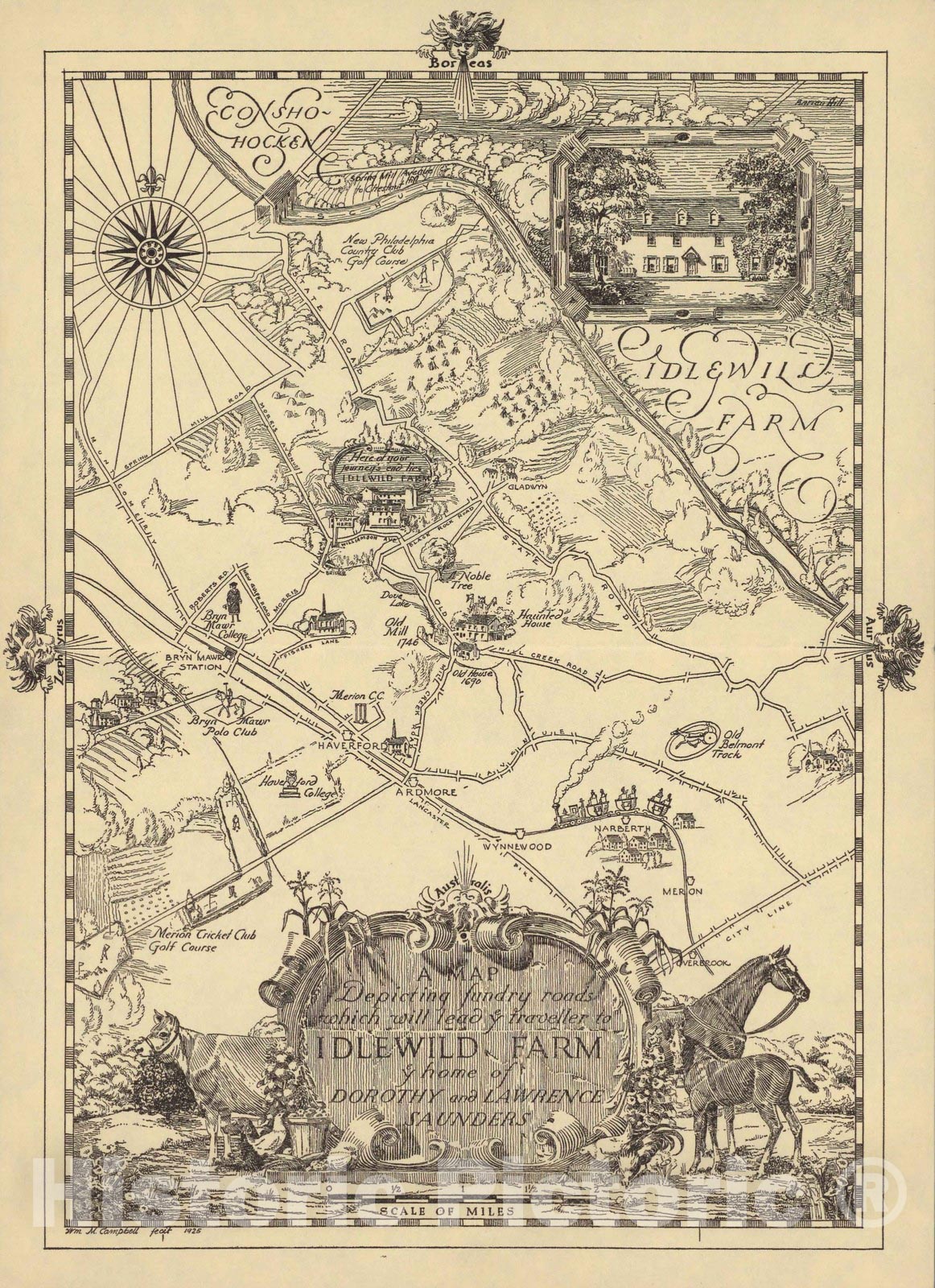 Historic Map : Roads which will lead ye traveller to Idlewild Farm. (Vicinity of Ardmore, Pennsylvania.) 1925 - Vintage Wall Art