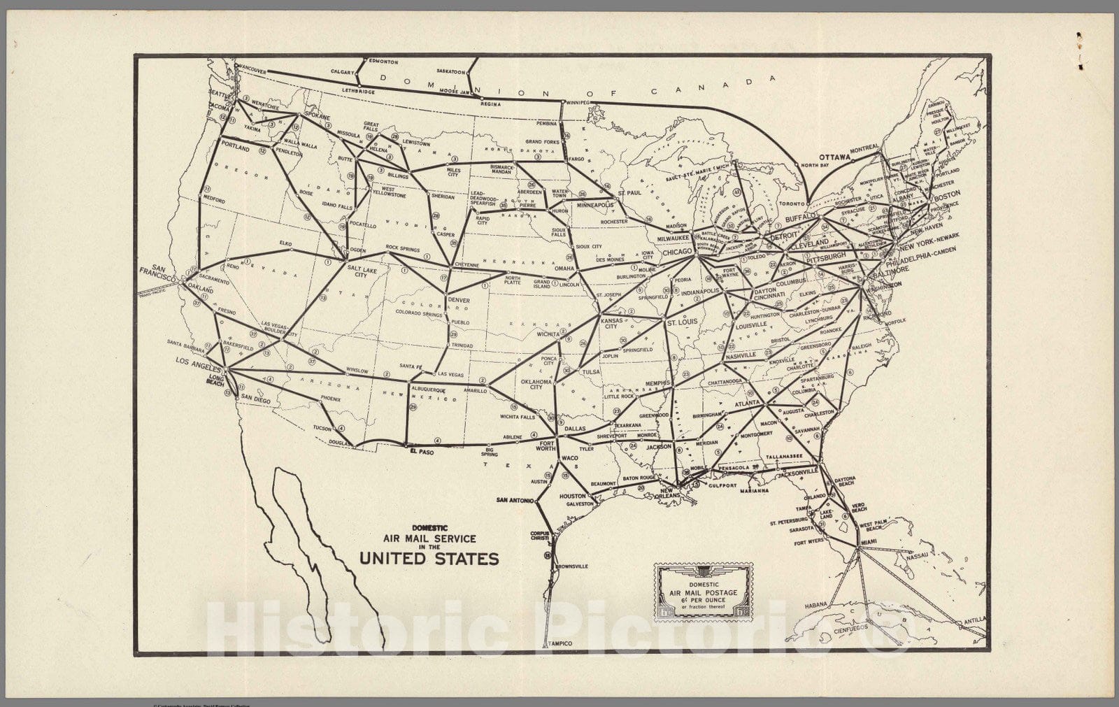 Historic Map : Calgary to England Mail Service, Domestic Air Mail Service in the United States. 1939 - Vintage Wall Art