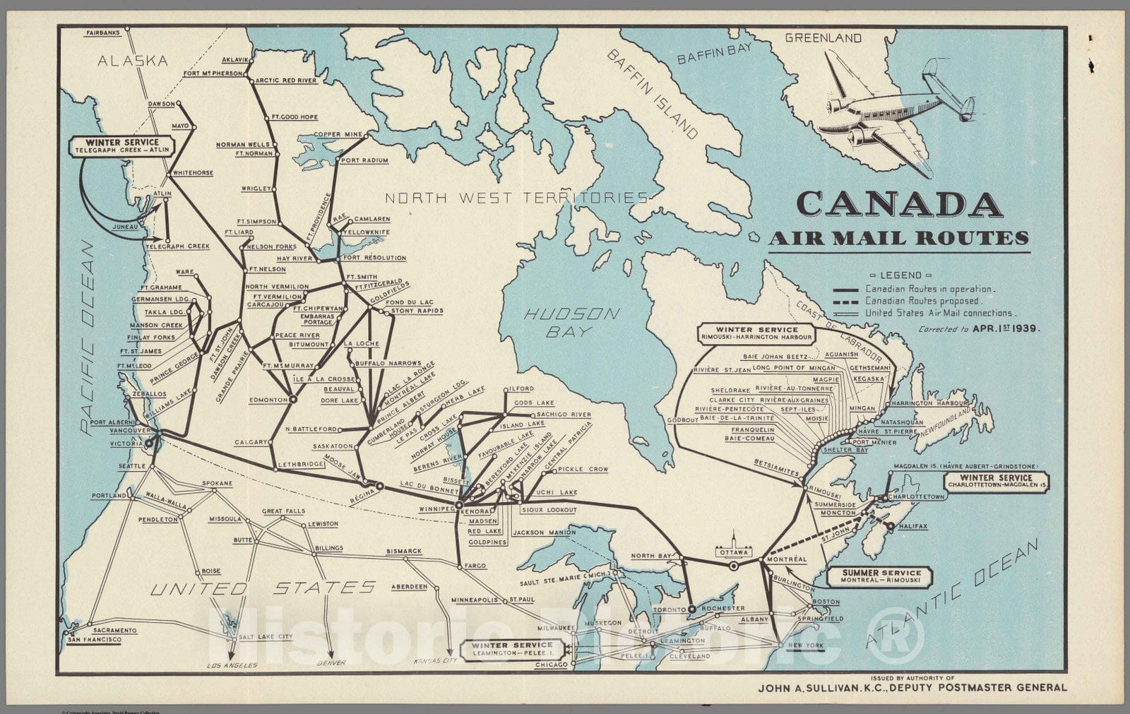 Historic Map : Calgary to England Mail Service, Canada Air Mail Routes. 1939 - Vintage Wall Art