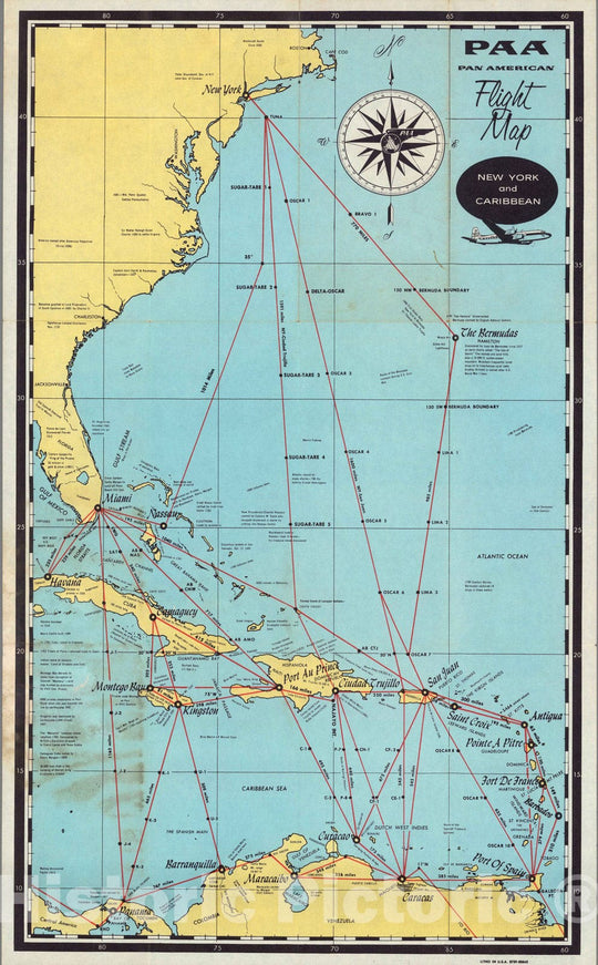 Historic Map : PAA. Pan American Flight Map. New York and Caribbean, 1948 - Vintage Wall Art