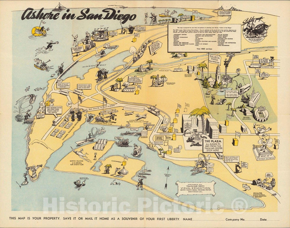 Historic Map - Ashore in San Diego. 1942 - Vintage Wall Art