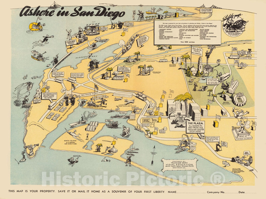 Historic Map - Ashore in San Diego. 1942 - Vintage Wall Art