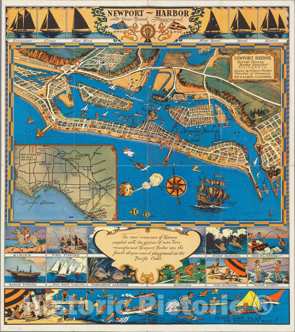 Treasure Map Newport Harbor, Ocean and Bay, 1944 - Vintage Wall Art