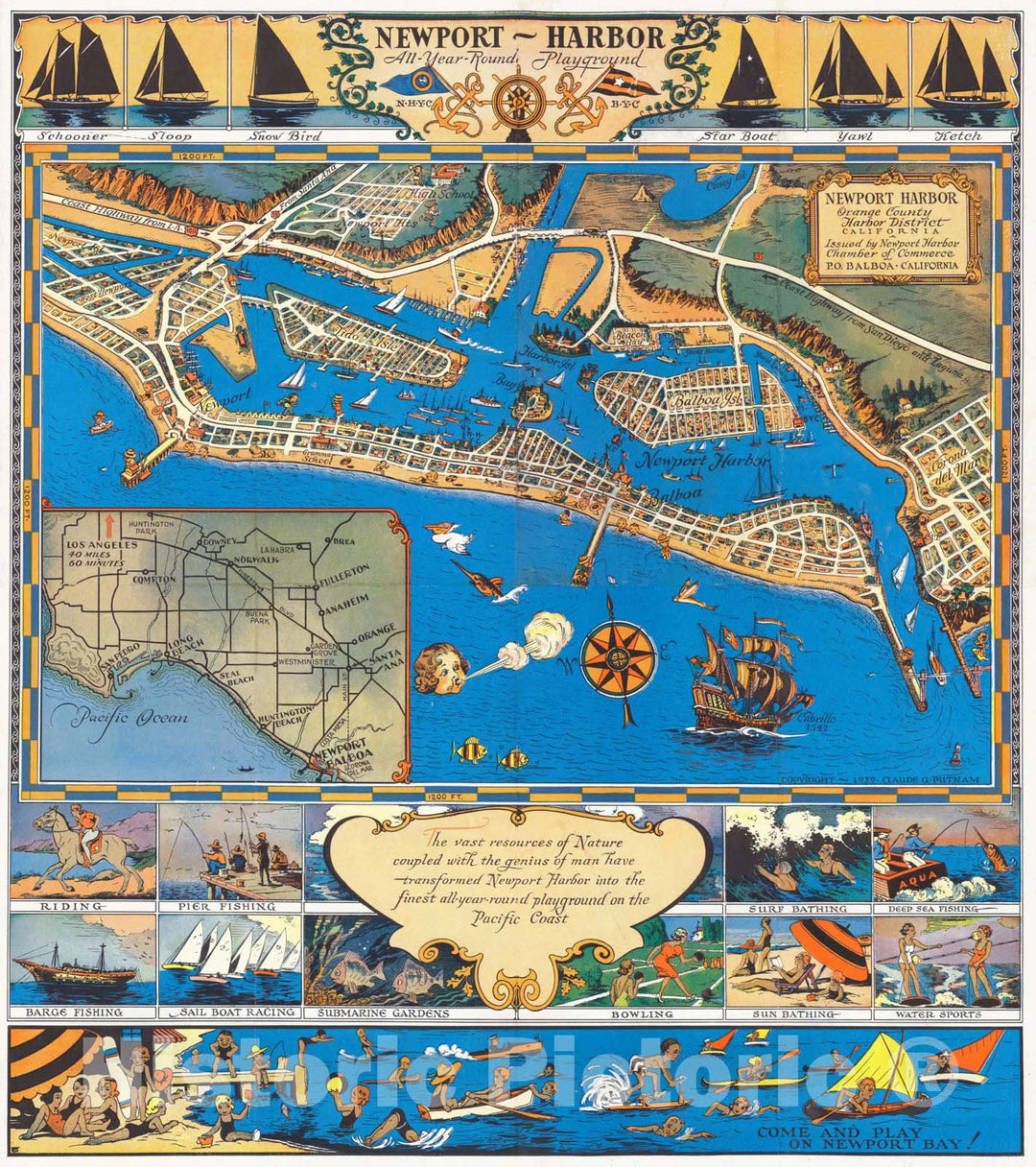 Treasure Map Newport Harbor, Ocean and Bay, 1944 - Vintage Wall Art