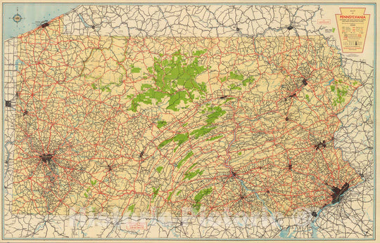 Historic Map : Map of Pennsylvania Showing the State Highway System and Main Connecting Roads, 1940 - Vintage Wall Art