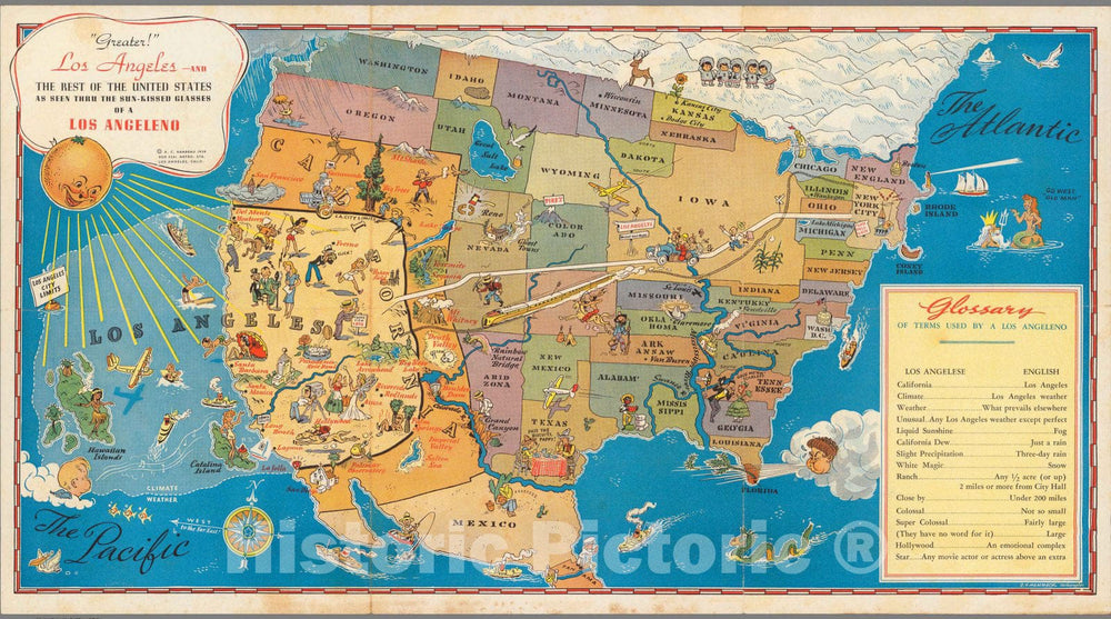 Historic Map : Greater! Los Angeles and the Best of the United States as Seen through the Sun-kissed Glasses of a Los Angeleno. 1939 - Vintage Wall Art