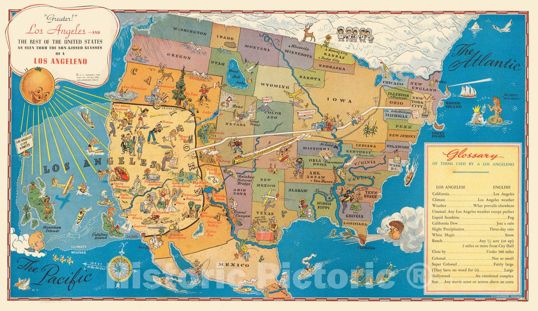 Historic Map : Greater! Los Angeles and the Best of the United States as Seen through the Sun-kissed Glasses of a Los Angeleno. 1939 - Vintage Wall Art