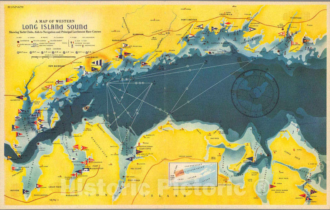 Historic Map : Map of Western Long Island Sound Showing Yacht Clubs, Aids to Navigation etc, 1939 - Vintage Wall Art