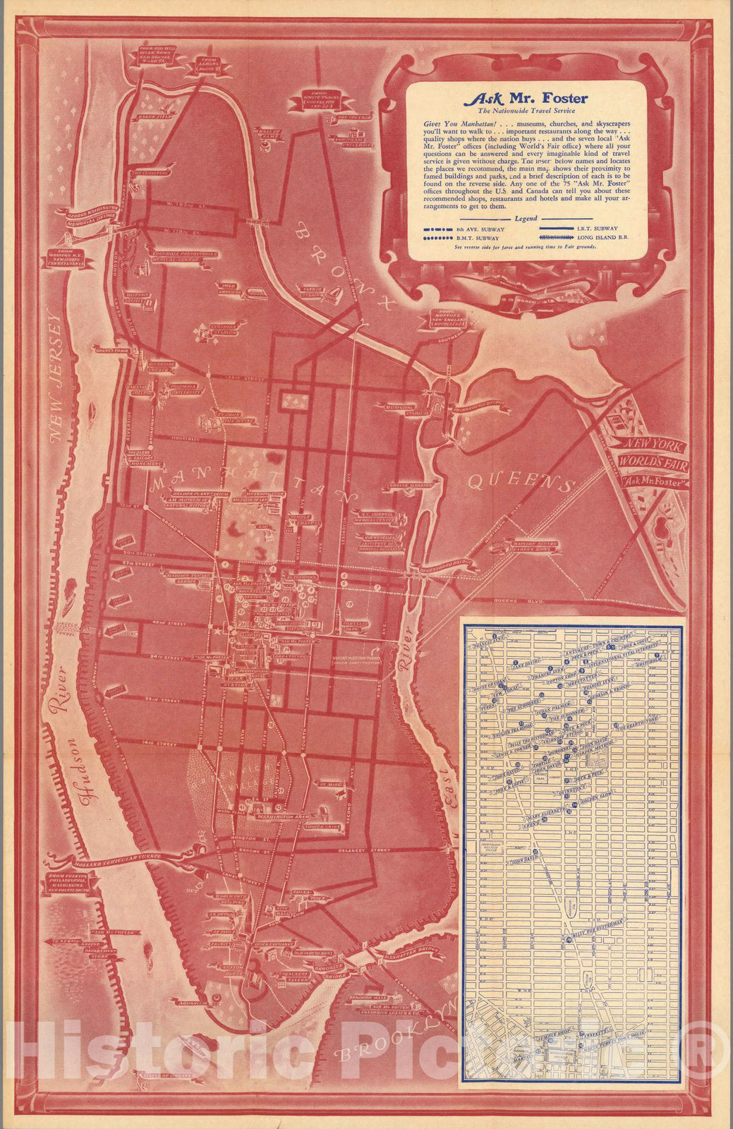 Historic Map : A Sightseer's Map of Manhattan New York World's Fair. Ask Mr. Foster, 1939 - Vintage Wall Art