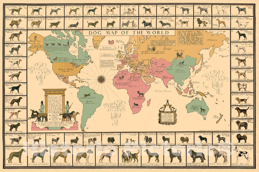 Historic Map - Dog Map of the World, 1933, - Vintage Wall Art