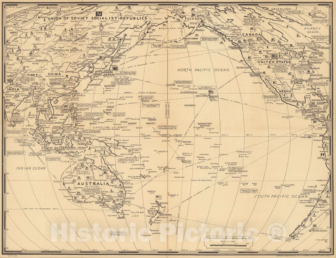 Historic Map : Map of the Pacific War Fronts Dated Events, 1943 - Vintage Wall Art