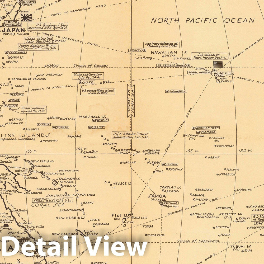 Historic Map : Map of the Pacific War Fronts Dated Events, 1943 - Vintage Wall Art