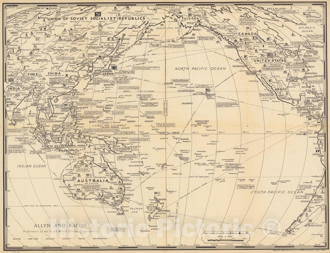 Historic Map : Map of the Pacific War Fronts Dated Events. 1944, 1944 - Vintage Wall Art