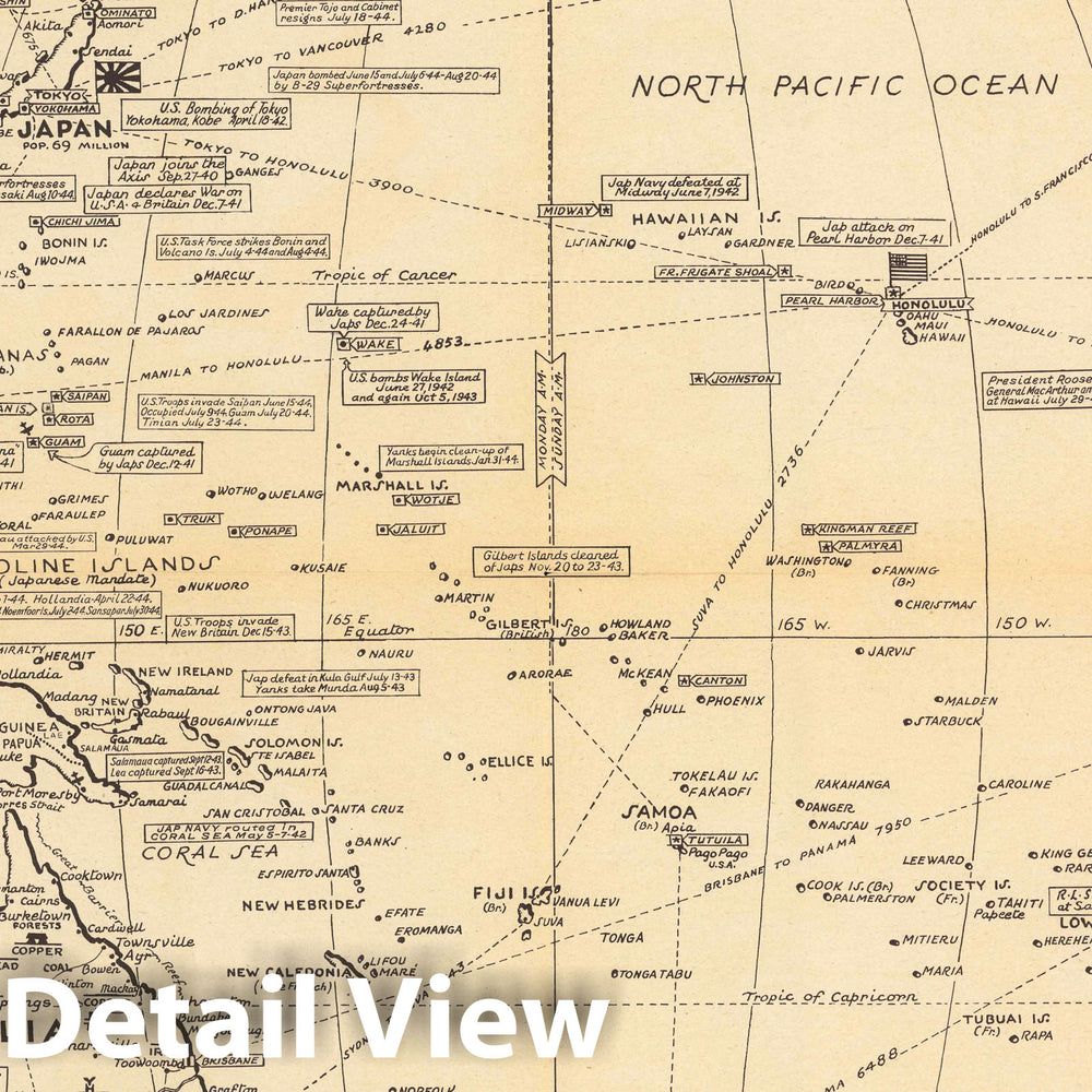 Historic Map : Map of the Pacific War Fronts Dated Events. 1944, 1944 - Vintage Wall Art