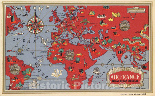 Historic Map : Air France Reseau Aerien Mondial. Lucien Boucher. Perceval - 16 rue d'Athenes - Paris. v2 - Vintage Wall Art