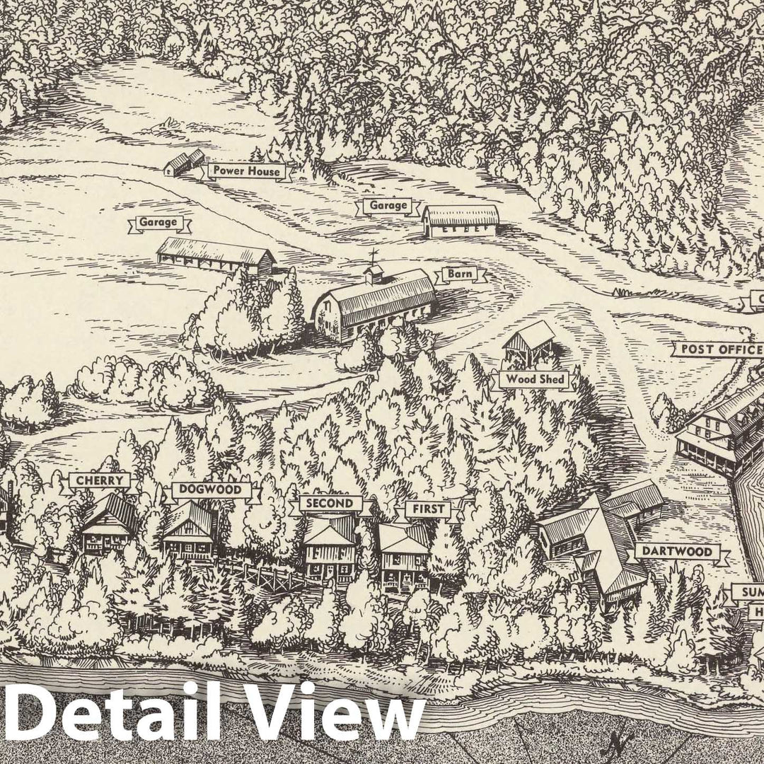 Historic Map : Darts. A unique Summer hotel in the central Adirondacks on Darts Lake, 1950 - Vintage Wall Art