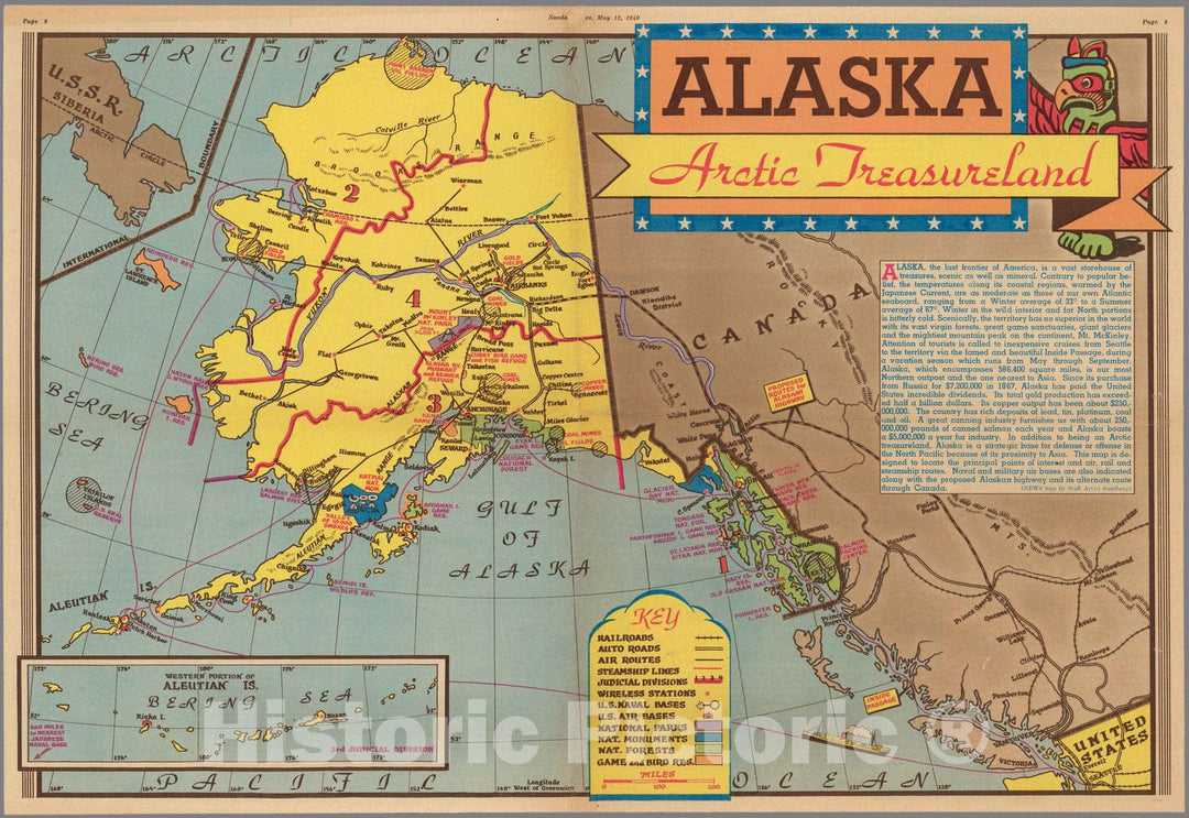 Historic Wall Map : Alaska Arctic treasureland 1940 - Vintage Wall Art