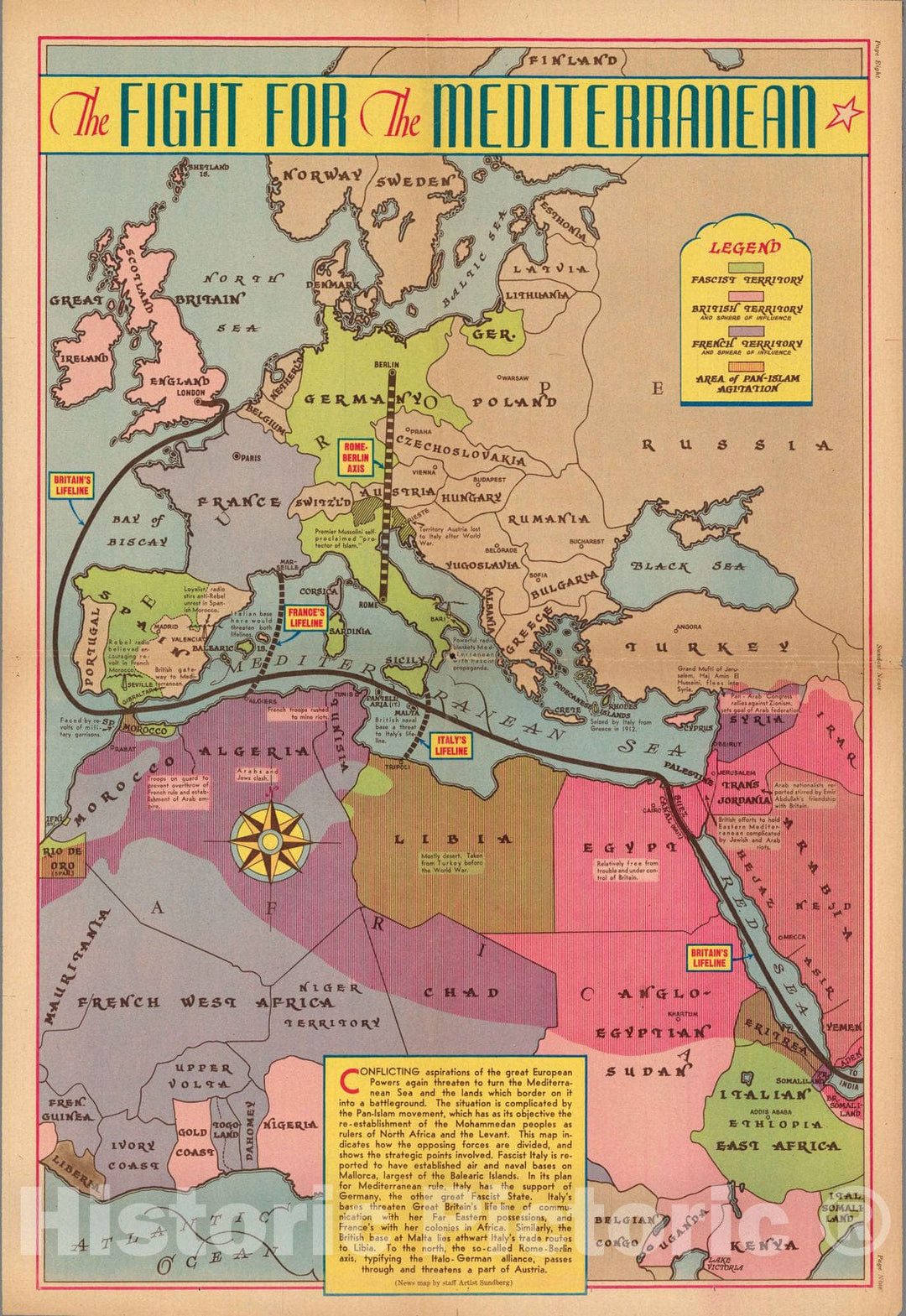 Historic Map : The fight for the Mediterranean 1936 - Vintage Wall Art